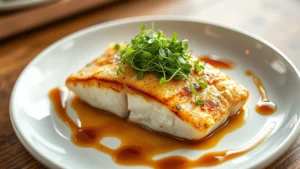 Fresh Gulf Coast snapper fillet seared golden brown, topped with brown butter and microgreens, plated on white ceramic with artistic sauce drizzle, natural coastal kitchen lighting