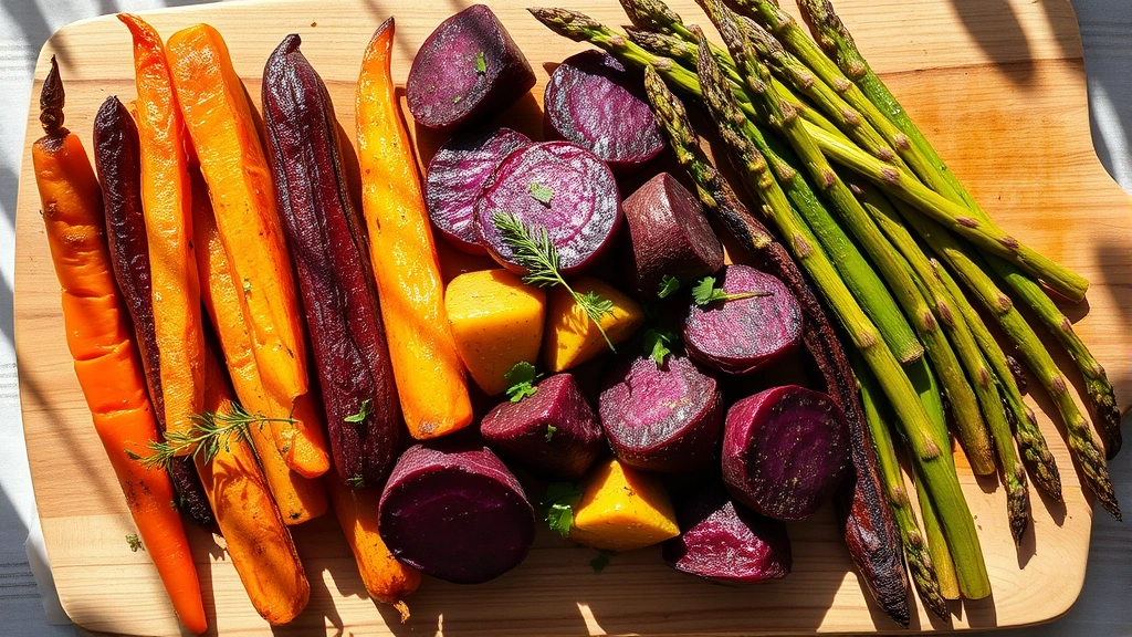Overhead shot of colorful roasted vegetables including purple carrots, golden beets, and charred asparagus with herb garnish, rustic wooden serving board, dappled natural sunlight