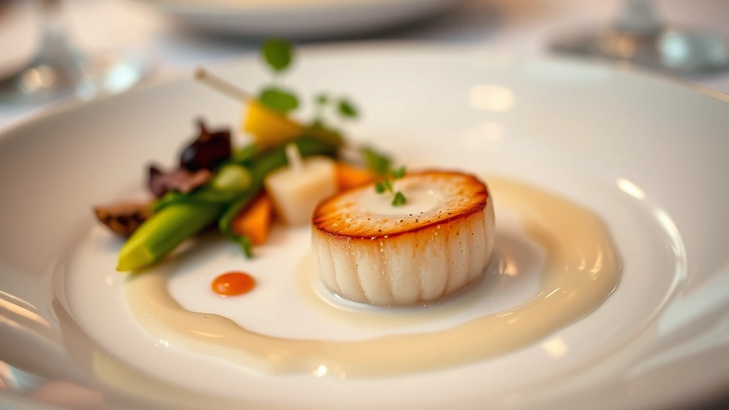 Elegant fine dining plate featuring perfectly cooked scallop, delicate foam, seasonal vegetables, and garnishes arranged with precision, soft warm lighting, shallow depth of field