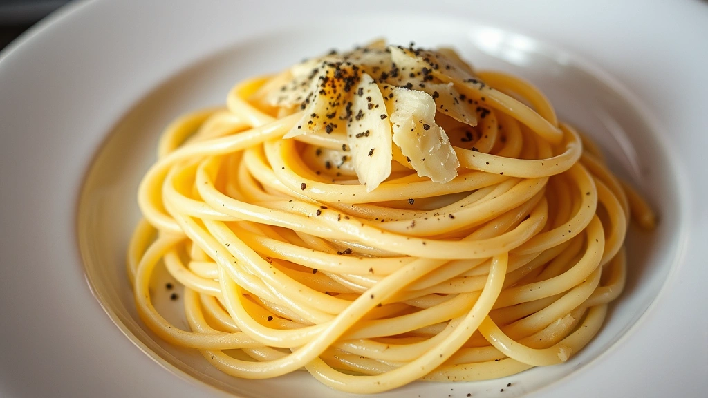 Perfectly plated cacio e pepe with al dente spaghetti, creamy sauce coating each strand, fresh cracked black pepper, Pecorino Romano shavings, elegant white ceramic plate, professional restaurant lighting, close-up detail showing sauce texture