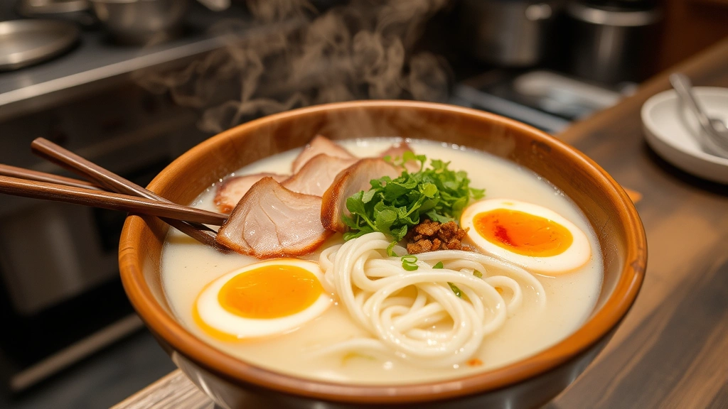 Steaming bowl of tonkotsu ramen with milky white pork bone broth, perfectly cooked thin noodles, sliced chashu pork, soft-boiled egg with jammy yolk, microgreens, wood bowl, chopsticks, aromatic steam rising, restaurant kitchen setting