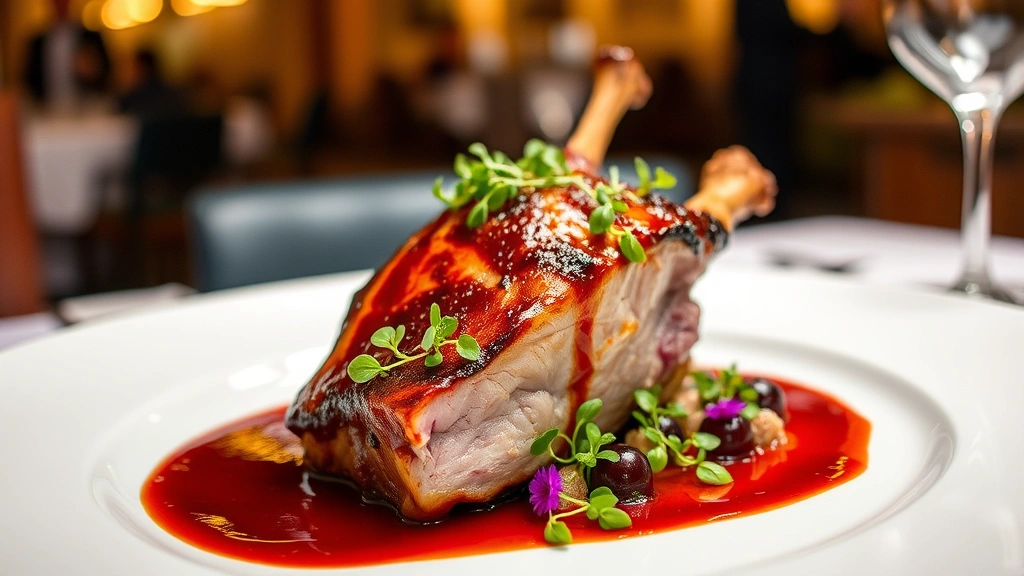 Whole roasted duck with crackling golden skin on white plate, garnished with microgreens and edible flowers, accompanied by cherry gastrique sauce, professional fine dining presentation, warm restaurant ambient lighting, shallow depth of field