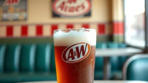 Icy cold A&W Root Beer in frosted glass with condensation droplets, classic diner booth background, rich caramel-brown beverage with white foam head, vintage A&W restaurant aesthetic
