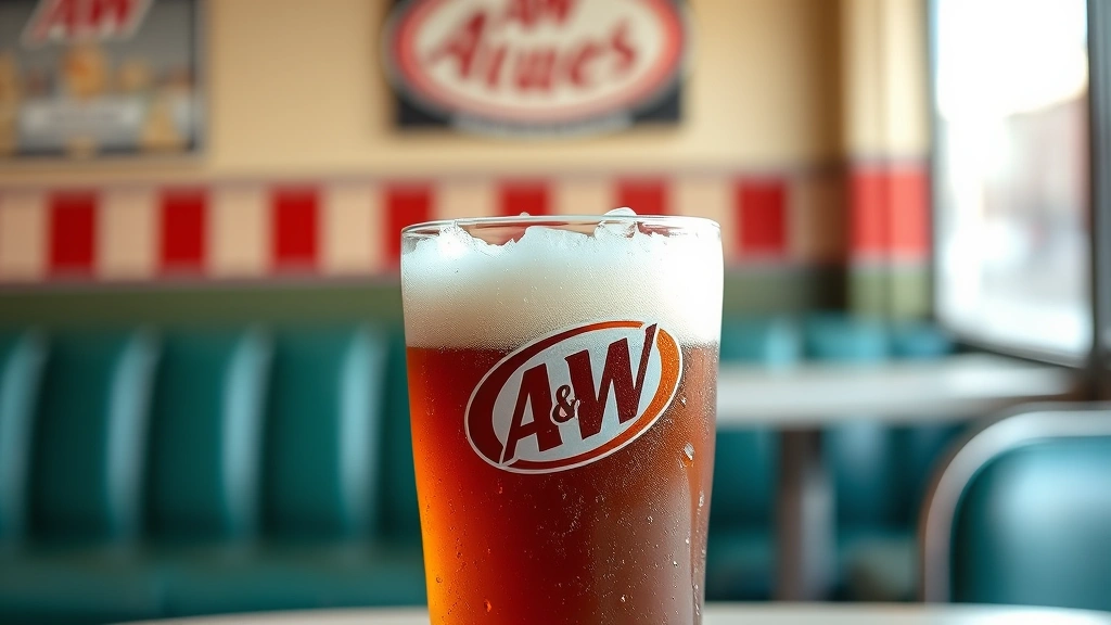 Icy cold A&W Root Beer in frosted glass with condensation droplets, classic diner booth background, rich caramel-brown beverage with white foam head, vintage A&W restaurant aesthetic