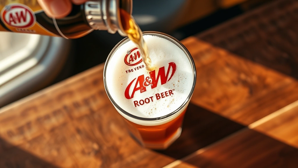 Overhead shot of A&W Root Beer being poured at 45-degree angle into frosted glass, foam forming on top, showing carbonation bubbles, bright afternoon diner lighting, professional beverage service