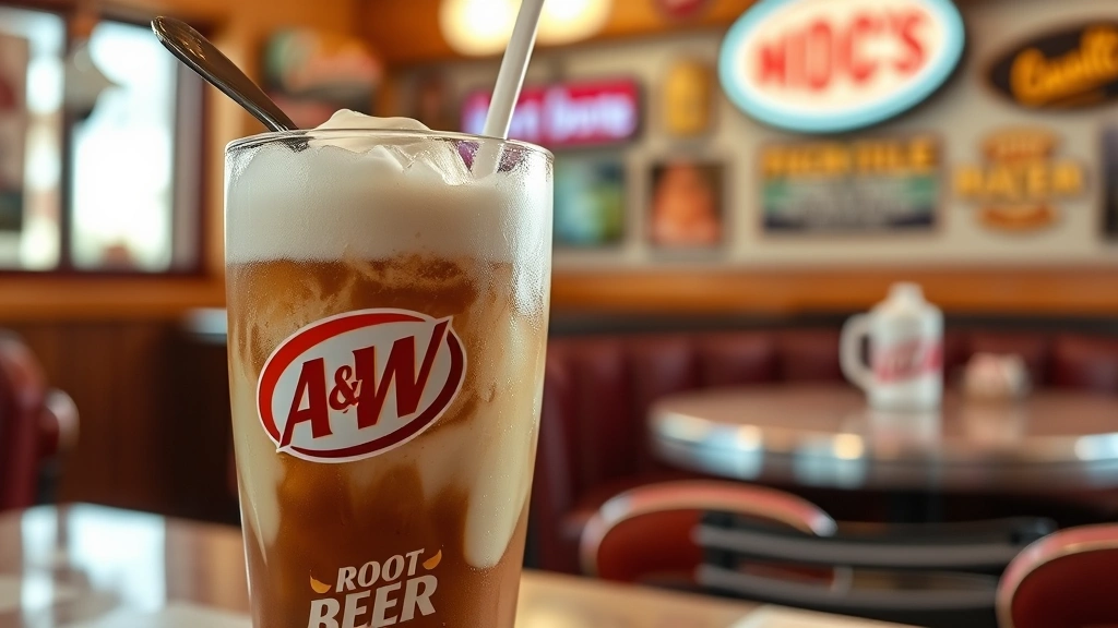 Classic A&W Root Beer float with vanilla ice cream melting into cold root beer, glass sweating with condensation, spoon resting on rim, warm nostalgic diner setting with vintage décor visible