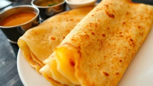 Close-up of crispy golden masala dosa with perfectly curled edges, served on white plate with sambar and coconut chutney in traditional stainless steel bowls, steam rising from hot broth, authentic South Indian restaurant setting