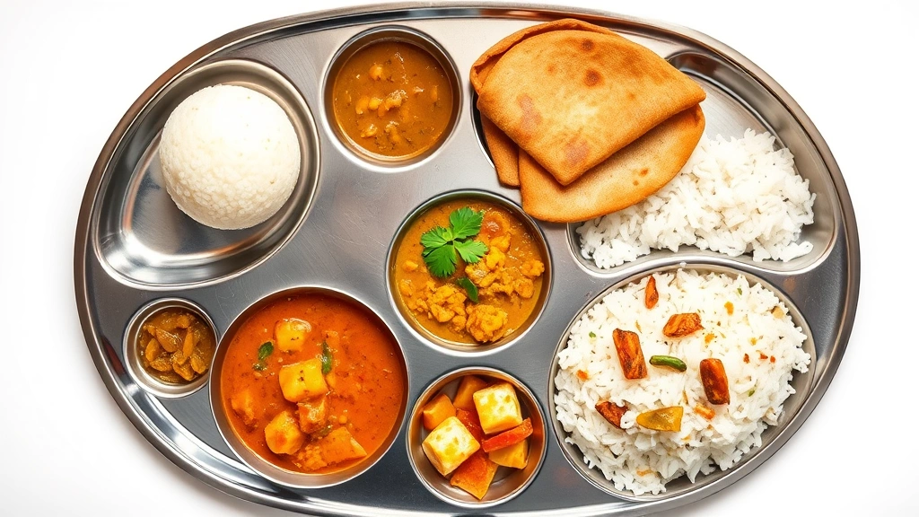 Overhead flat lay of vegetarian thali plate featuring idli, dosa, sambar, rasam, paneer curry, pickle, and rice arranged in traditional stainless steel compartments with vibrant colors contrasting against white background