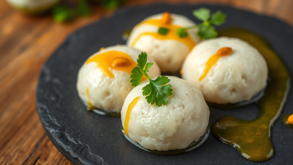 Macro photography of soft, fluffy idli on dark slate plate with golden tempering of mustard seeds and curry leaves visible on surface, sambar drizzled artfully, garnished with fresh cilantro, professional culinary plating