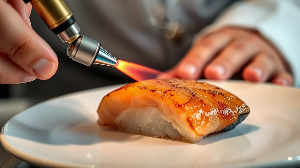 Close-up of chef torching yellowtail sushi piece with professional culinary torch, caramelized exterior glistening, steam rising, pristine presentation on white ceramic plate, hands in motion