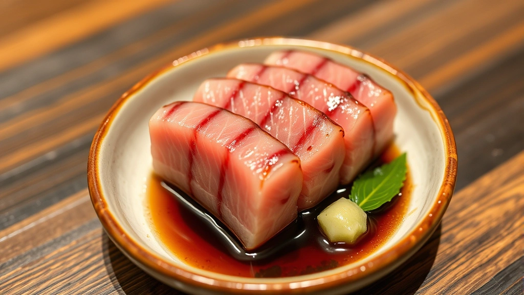 Artfully plated aburi toro selection with fatty tuna belly displaying perfect sear marks, glossy rendered fat surface, accompanied by fresh wasabi and soy sauce in small ceramic dish