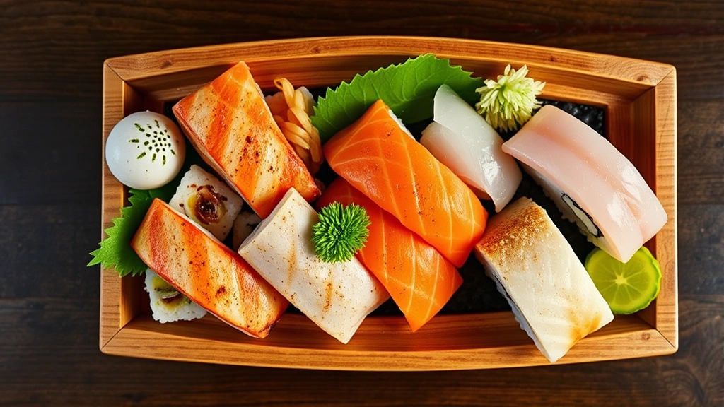 Overhead shot of complete aburi sushi omakase course featuring multiple seared preparations including scallop, salmon belly, and white fish arranged on wooden sushi boat with garnishes