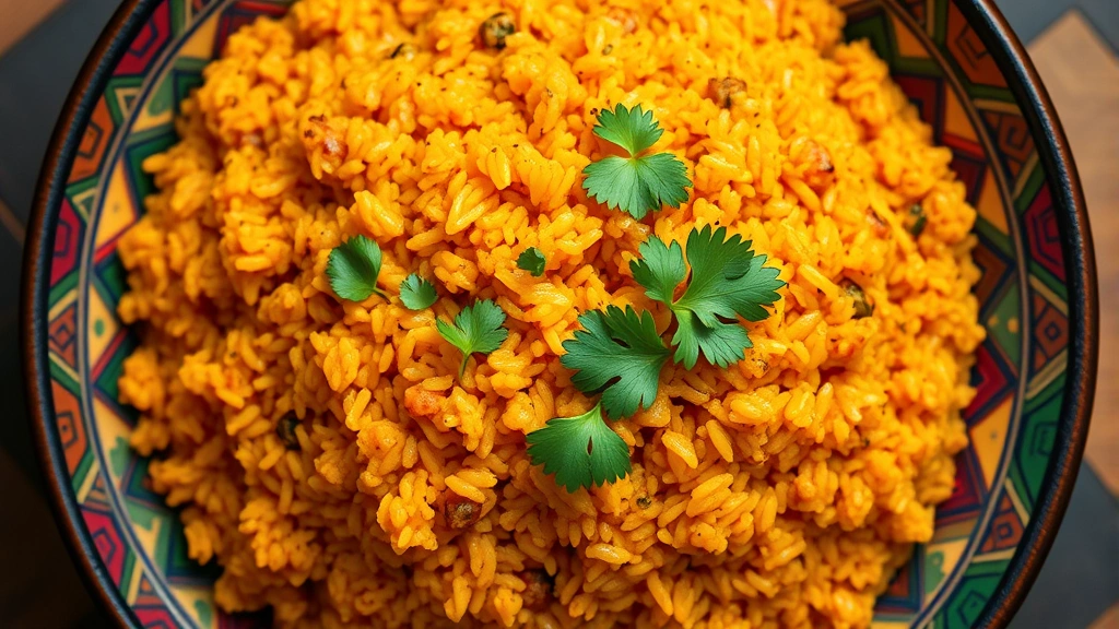 Overhead view of vibrant West African jollof rice with golden-brown caramelized bottom layer, garnished with fresh parsley, served on traditional ceramic plate with colorful geometric patterns, steam rising gently