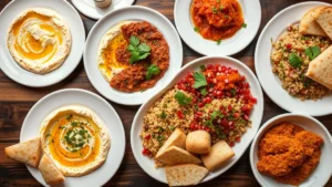 Overhead shot of Al Basha mezze platter featuring hummus, baba ganoush, labneh, muhammara, and tabbouleh arranged on white ceramic plates with olive oil drizzle, fresh herbs, pomegranate seeds, and warm pita bread on wooden table