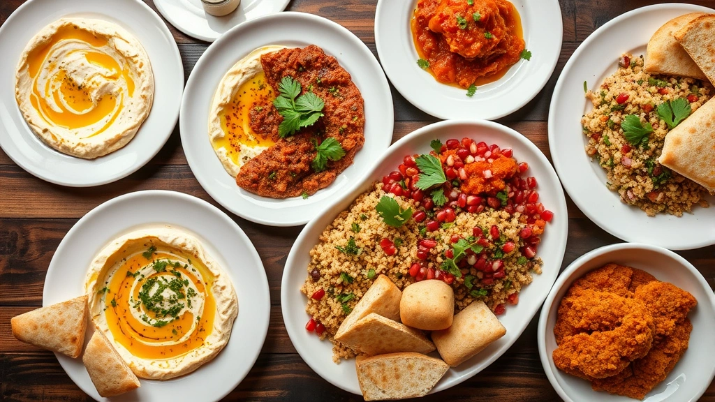Overhead shot of Al Basha mezze platter featuring hummus, baba ganoush, labneh, muhammara, and tabbouleh arranged on white ceramic plates with olive oil drizzle, fresh herbs, pomegranate seeds, and warm pita bread on wooden table