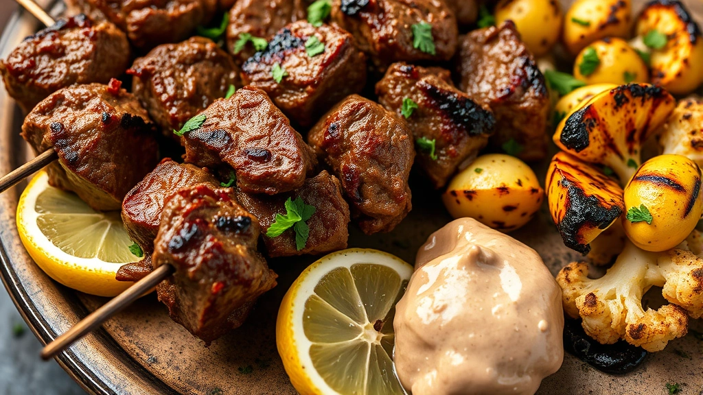 Close-up of grilled lamb koobideh skewers with charred exterior and aromatic smoke, served with grilled lemon halves, fresh herbs, and roasted cauliflower with tahini sauce on rustic plate