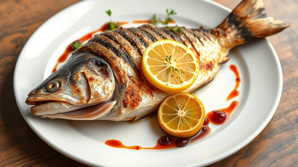 Whole grilled branzino fish with crispy skin, served with roasted romanesco, preserved lemon, pomegranate molasses drizzle, and herb garnish on elegant white plate with artistic plating