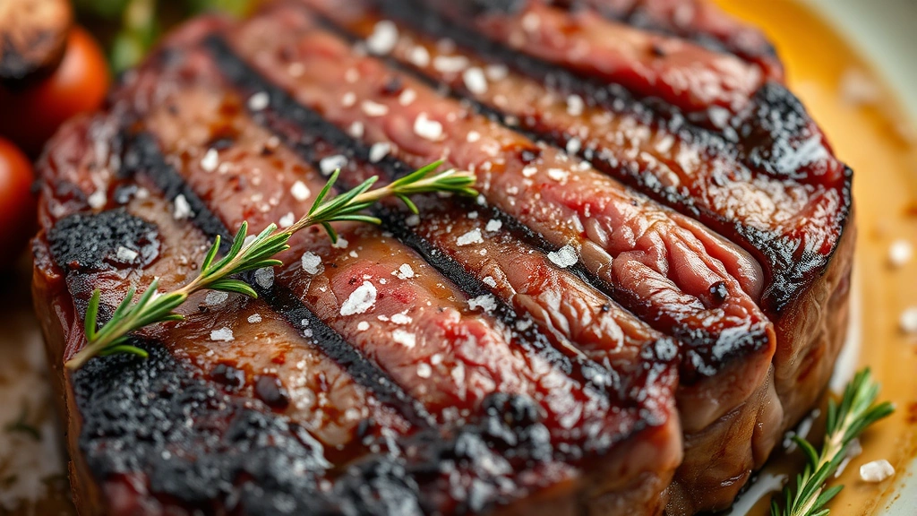 Close-up of a perfectly seared ribeye steak with mahogany crust and rendered fat, resting on a warm plate with fresh thyme sprigs and coarse sea salt crystals visible on the meat surface
