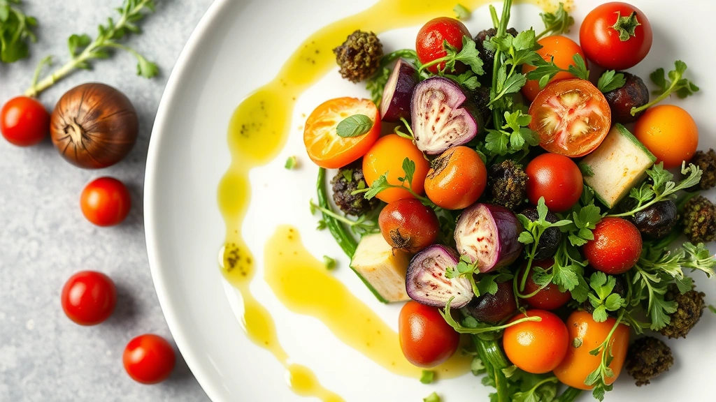 Overhead view of a farm-to-table vegetable medley featuring multiple colored heirloom vegetables, seasonal greens, and microgreens arranged artfully on a white ceramic plate with herb oil drizzle