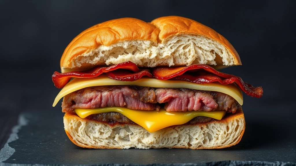 A gourmet burger cross-section showing layers of house-made brioche bun, perfectly cooked beef patty with visible pink center, melted artisanal cheese, caramelized onions, and crispy bacon, photographed on dark slate