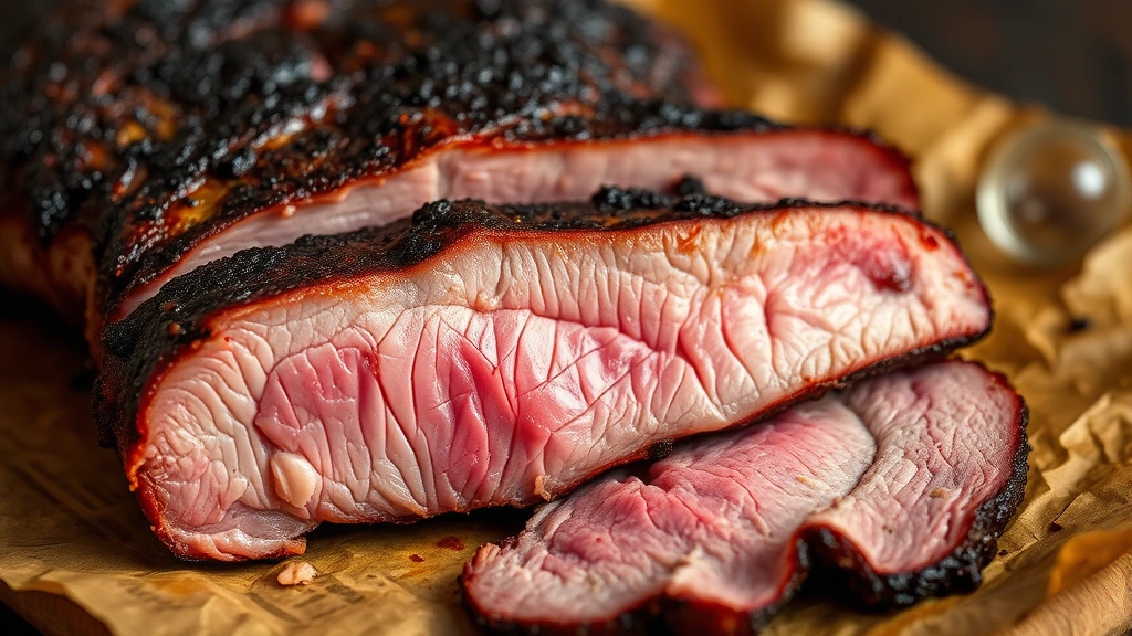 Close-up of sliced Texas smoked brisket with pink smoke ring, glistening with rendered fat, resting on kraft paper with crispy bark exterior and juicy interior visible in cross-section, professional food photography, warm lighting highlighting texture and color gradients
