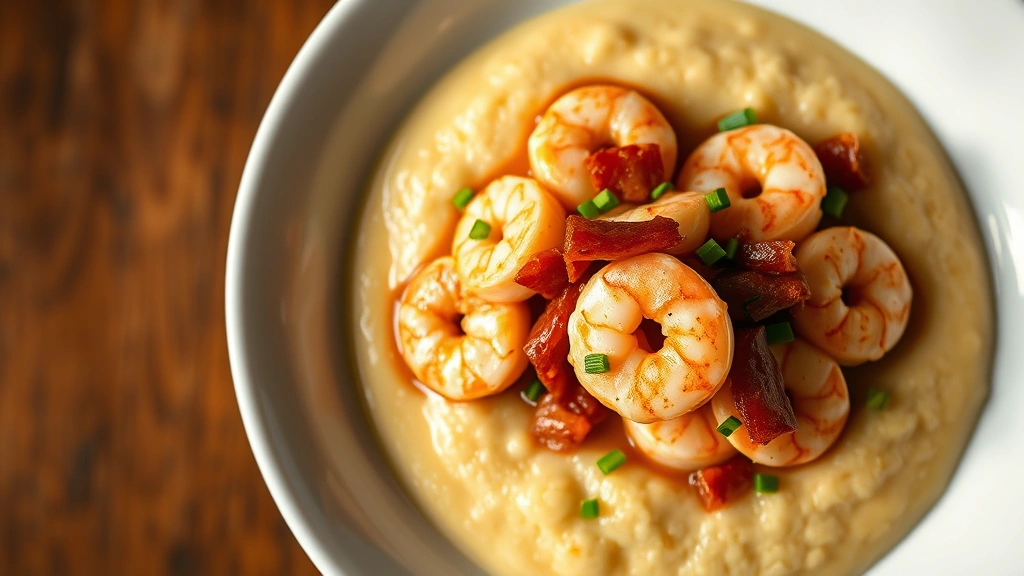 Overhead view of creamy shrimp and grits in white ceramic bowl, plump Gulf shrimp in brown bacon and pepper sauce atop smooth cornmeal polenta, garnished with fresh chives, steam rising, warm golden lighting, professional restaurant plating