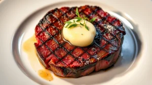 Perfectly seared ribeye steak with caramelized crust and warm pink center, topped with fleur de sel and herb butter, served on white plate with dramatic lighting