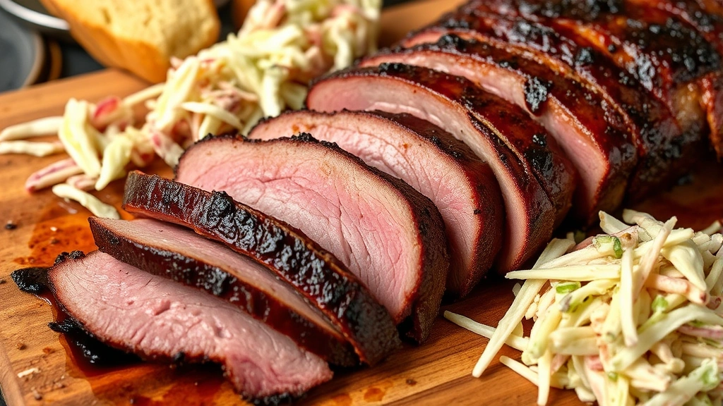 Slow-smoked brisket sliced thick showing pink smoke ring, glistening with rendered fat, arranged on wooden cutting board with fresh coleslaw and cornbread