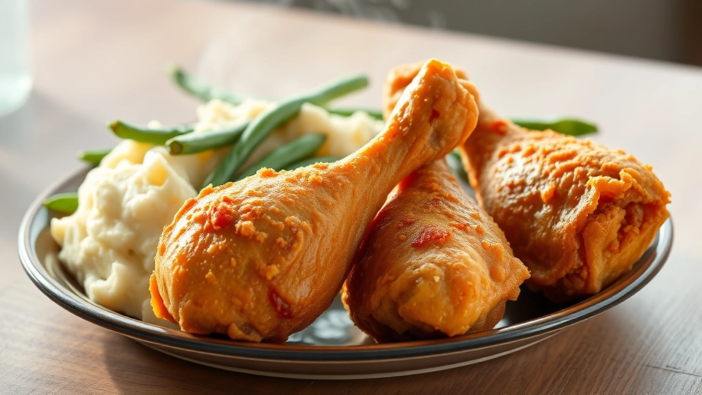 Crispy fried chicken drumsticks and thighs with golden-brown buttermilk coating, steam rising, accompanied by creamy mashed potatoes and fresh green beans on ceramic plate
