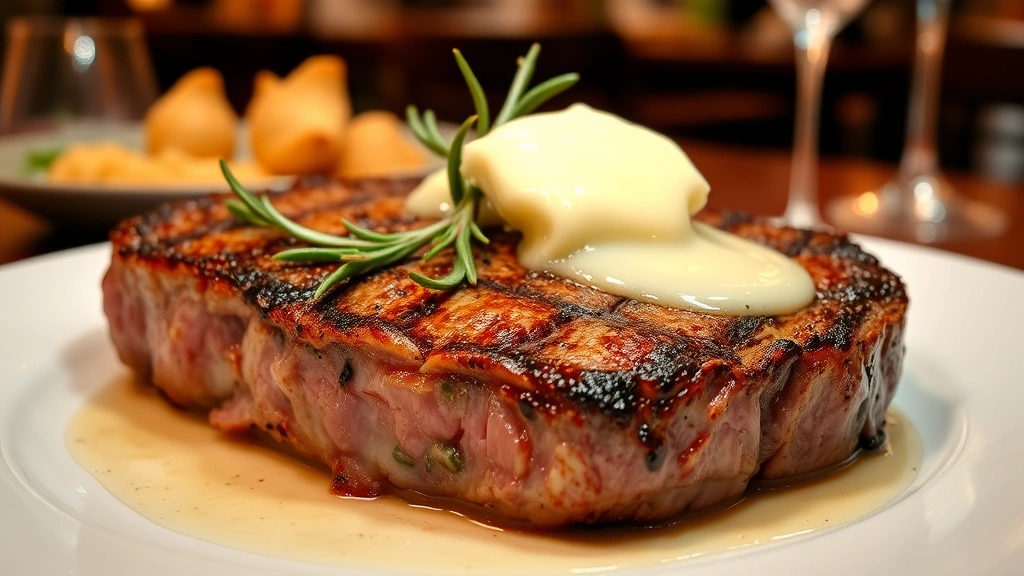 Perfectly seared ribeye steak with golden crust on white plate, garnished with fresh rosemary sprigs and compound butter melting across surface, steakhouse ambiance background