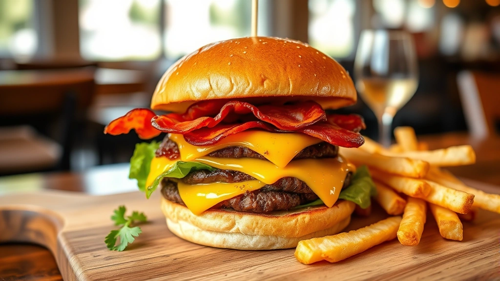 Artisanal burger with golden toasted brioche bun, melted cheese, crispy bacon, fresh lettuce and tomato, served on wooden board with fries, diner setting