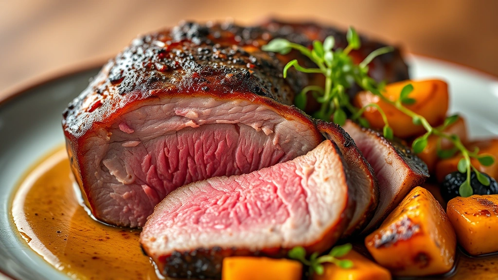 Perfectly seared duck breast with crispy mahogany skin, sliced to reveal rosy medium-rare interior, plated with caramelized root vegetables and microgreens, professional food photography, shallow depth of field, warm golden lighting