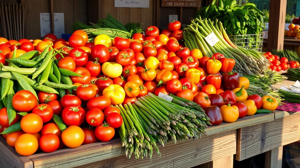 Rustic wooden farmstand overflowing with seasonal produce—heirloom tomatoes, fresh peas in pods, asparagus bundles, colorful bell peppers—morning sunlight, natural shadows, vibrant colors, farmers market aesthetic