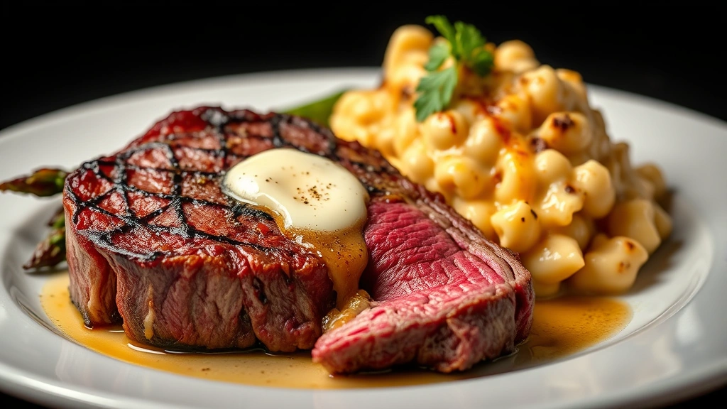 Dry-aged beef ribeye steak with pronounced marbling, resting on white porcelain plate, accompanied by charred asparagus, truffle mac and cheese, compound butter melting into meat surface, professional plating, studio lighting, food styling focus