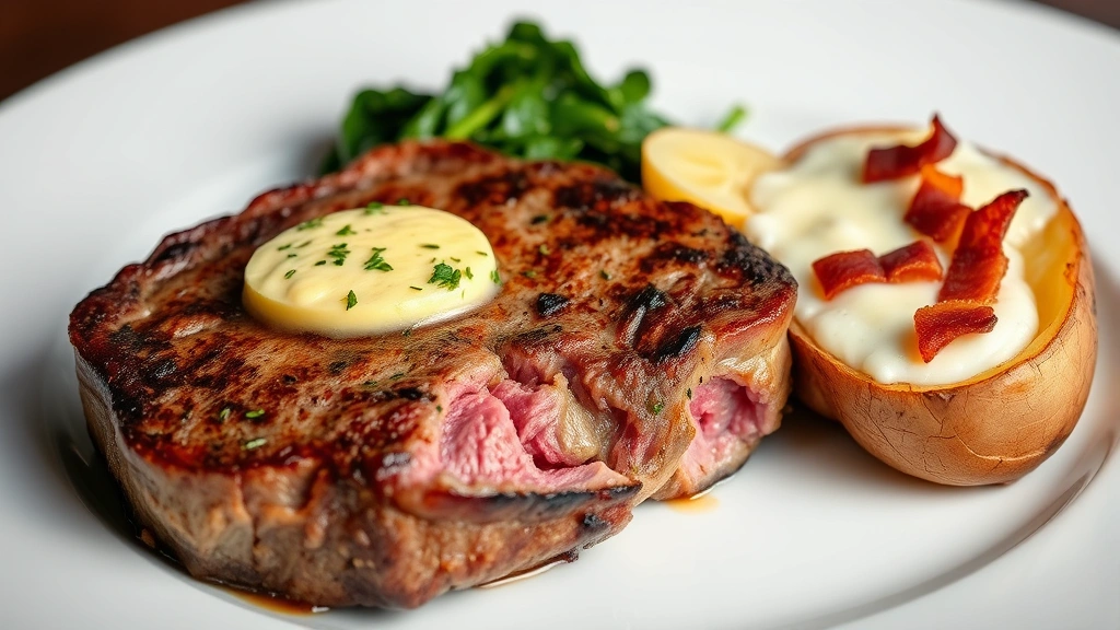Perfectly seared dry-aged ribeye steak with golden crust, medium-rare pink center, topped with herb butter, accompanied by creamed spinach and twice-baked potato with crispy bacon bits, professional plating on white plate, dramatic lighting emphasizing meat texture