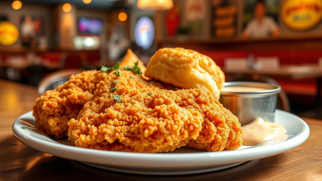 Golden-brown crispy fried chicken pieces on white plate with flaky biscuits, creamy gravy on side, fresh herbs garnish, steam rising from hot chicken, rustic American diner aesthetic, warm overhead lighting