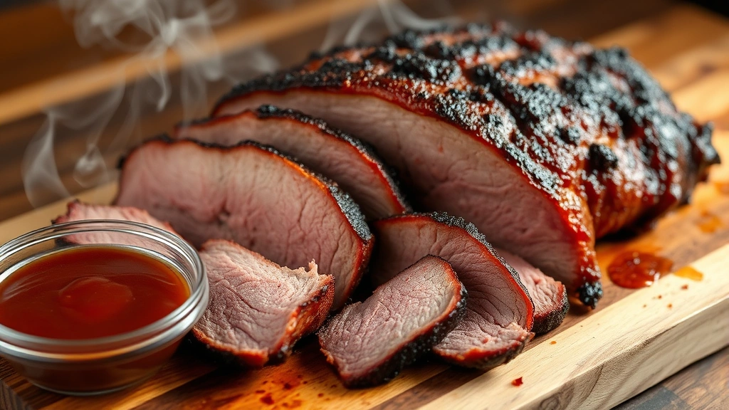 Low and slow smoked brisket with mahogany smoke ring, sliced to reveal tender pink interior, arranged on wooden cutting board with barbecue sauce in small bowl nearby, smoke wisps visible, authentic smokehouse presentation