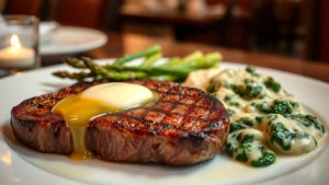 Perfectly seared ribeye steak on white plate with golden butter melting on top, roasted asparagus spears and creamed spinach sides, warm restaurant lighting, professional food photography, close-up angle