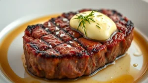 Close-up of a perfectly seared prime ribeye steak with caramelized crust, medium-rare interior, topped with melting herb butter and sea salt crystals, plated on warm white porcelain with soft golden lighting