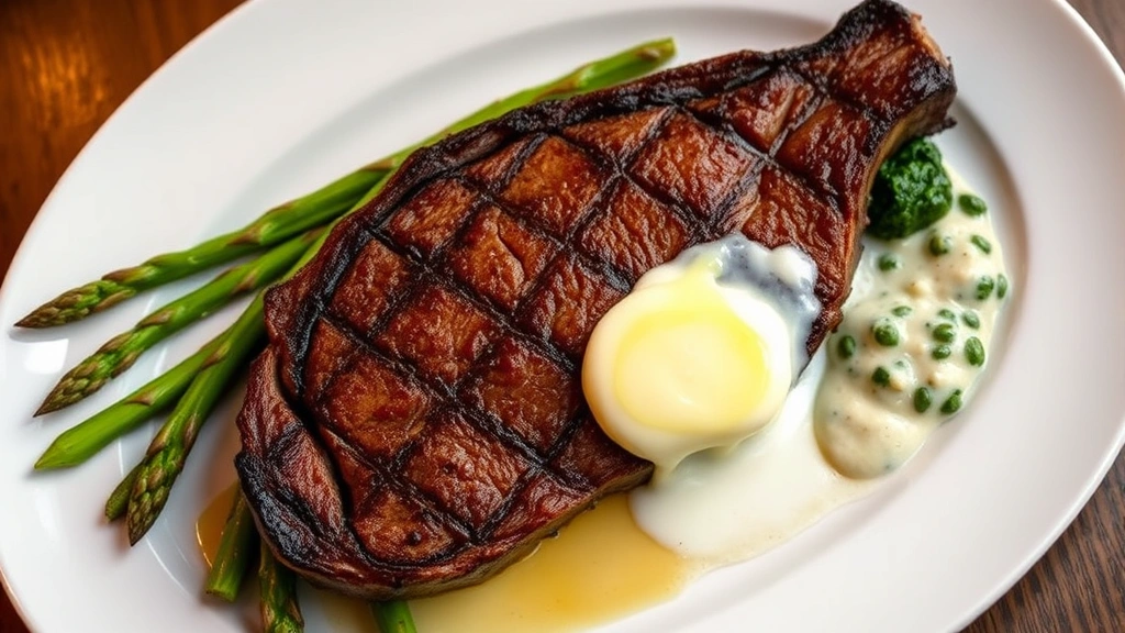 Overhead shot of a perfectly seared dry-aged ribeye steak with caramelized crust, resting on white plate with compound butter melting across surface, accompanied by crispy asparagus spears and creamed spinach, professional restaurant plating, warm golden lighting