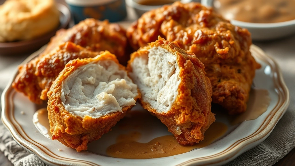 Close-up of golden-brown crispy fried chicken pieces with mahogany crust, steam rising from moist interior visible in cross-section, served on vintage ceramic plate with biscuits and gravy, rustic Southern table setting with linen napkin