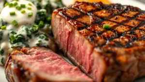 Close-up of a perfectly seared ribeye steak with a golden-brown crust, medium-rare interior showing pink center, accompanied by creamed spinach and a loaded baked potato topped with sour cream and fresh chives, soft warm lighting