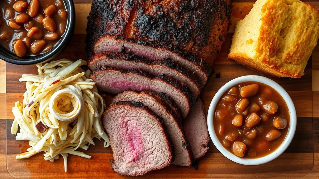 Overhead shot of smoked brisket sliced thick showing pink smoke ring, alongside crispy coleslaw, slow-cooked beans, and buttery cornbread on a wooden serving board, rustic Texas barbecue setting