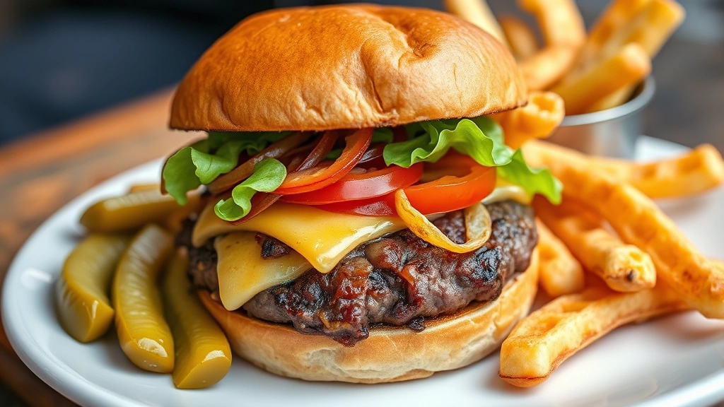 Artfully composed gourmet burger with perfectly toasted bun, thick beef patty with visible char, melted cheese, caramelized onions, crispy lettuce, and fresh tomato, served with golden waffle fries and house-made pickles on white plate
