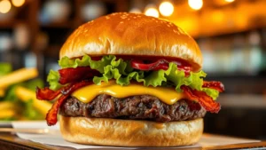 Artisanal burger with heritage beef patty, golden bun, crispy bacon, heirloom tomato, fresh lettuce, melted cheese, glistening with moisture under warm restaurant lighting