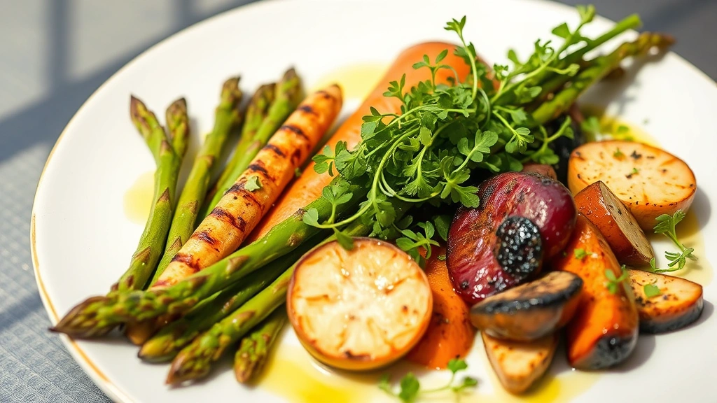 Farm-fresh seasonal vegetables arranged on white plate: grilled asparagus, roasted root vegetables, microgreens, drizzled with herb oil, artistic plating, natural daylight
