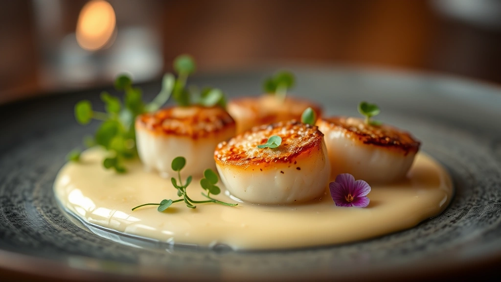 Perfectly seared scallops with golden crust, placed on creamy purée with microgreens, edible flowers, fine dining presentation, shallow depth of field, warm ambient light