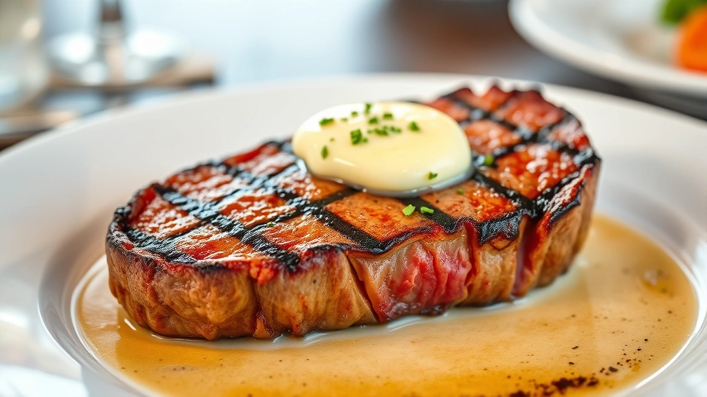 Perfectly seared medium-rare steak on white plate with herb butter melting on top, pink center visible, restaurant plating style, professional food photography