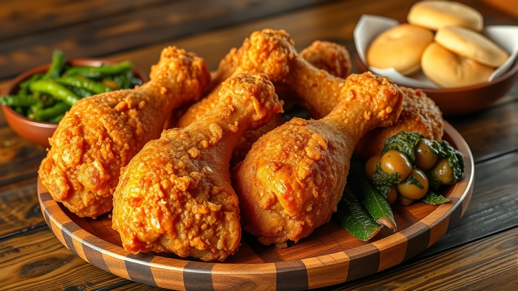 Crispy fried chicken drumsticks and thighs golden brown on wooden table with biscuits and collard greens, steam rising, rustic comfort food presentation
