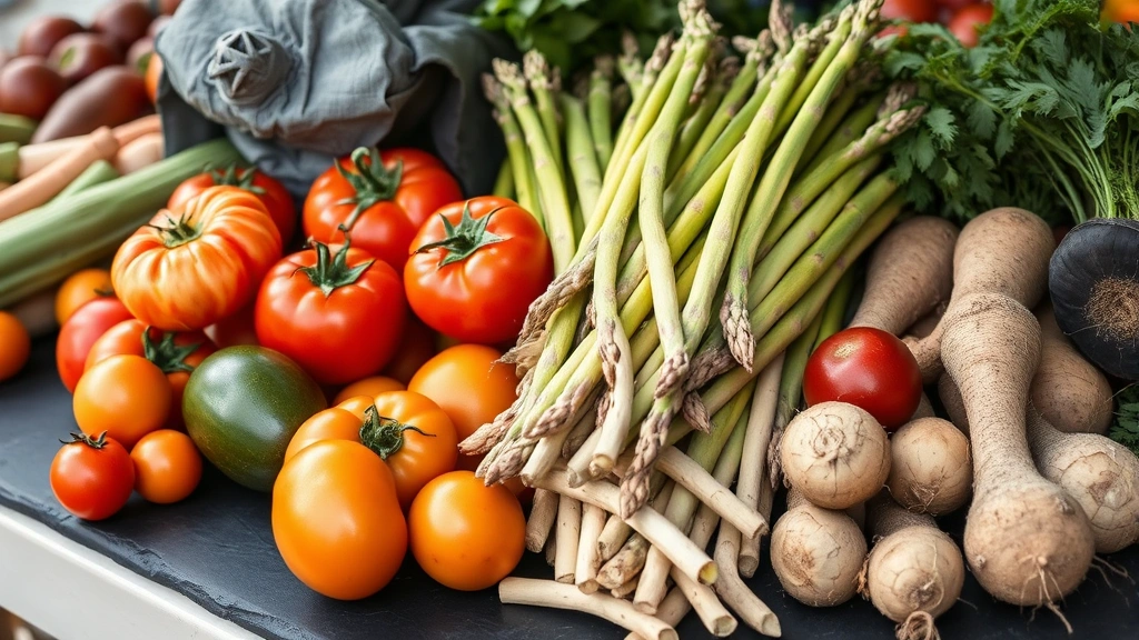Fresh farm vegetables including heirloom tomatoes, asparagus, and root vegetables arranged on slate, morning farmers market aesthetic, natural lighting
